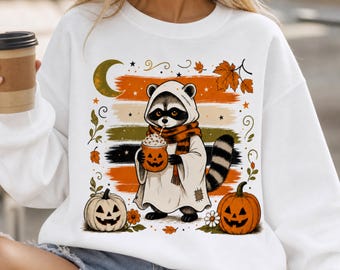 Herbstliches Waschbär-Shirt, Pumpkin Spice Latte, Blätter (Halloween-Design)