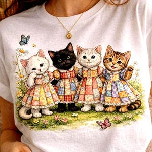 Gatitos de patchwork con estampado floral PNG, arte animal estilo cottagecore vintage (descarga digital)