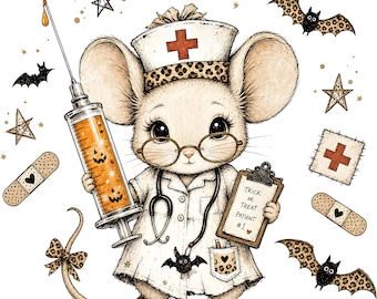 Halloween-Krankenschwester-Maus-Clipart | Vintage-Skizzenstil, digitaler Download
