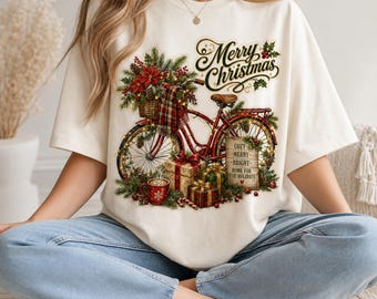 Vintage-Weihnachtsfahrrad (PNG), Winterblumenkranz-Design (Digitaler Download)