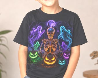 Neon-Halloween-Skelett-Design: Leuchtende Geister und Kürbislaternen