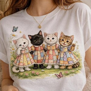 Patchwork Kittens bloemen png, vintage dierenkunst Cottagecore (digitale download)