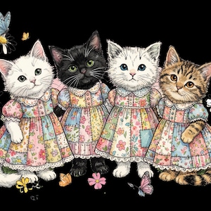 Springtime Cats PNG, Patchwork dressed sublimation, Tumbler digital download