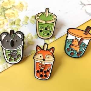 Small Animals and Bubble Tea Enamel Pin | Cute Pin Badge | Lapel Pin | Enamel Pin Set for Backpacks | Birthday Gift for Her/Him