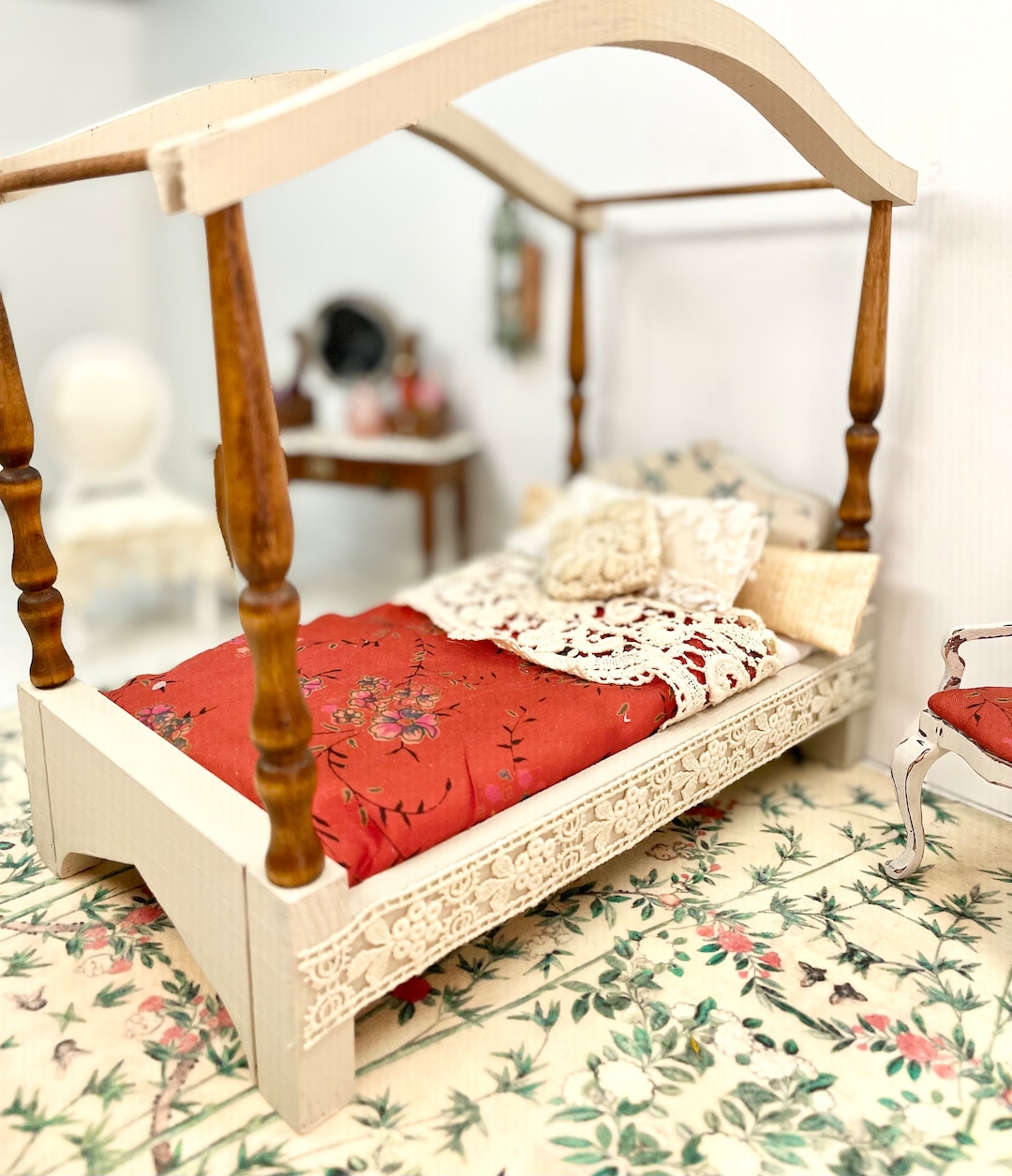 Vintage Canopied Dollhouse Bed, Miniature Bed, Dollhouse Canopy, Shabby
