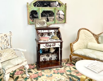 Vintage Bespaq Dollhouse Secretary Desk, Art Deco Floral Wallpaper, 1:12 Scale
