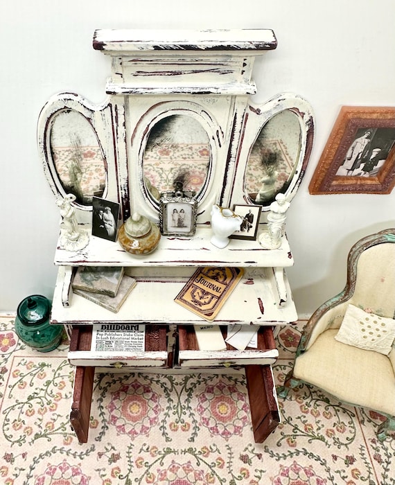 Vintage Dollhouse Mirrored Hutch, Miniature Mirrored Hutch, Shabby