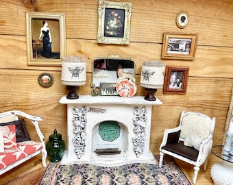 Caminetto per casa delle bambole in stile shabby chic, mobili in miniatura anticati a mano, scala 1:12