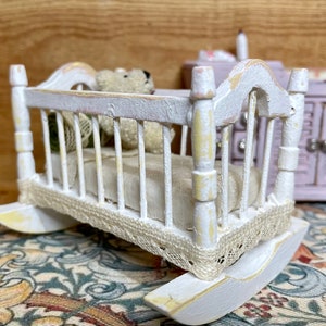 Miniature Dollhouse Vintage Baby Cradle, Miniature Rocking Cradle, Shabby Chic Dollhouse Furniture - OOAK - 1:12