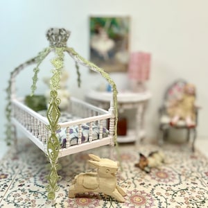 Rare Canopied Dollhouse Crib, Miniature Crib, Miniature Nursery, Dollhouse Furniture, Princess Shabby Chic  - OOAK - 1:12