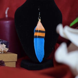 May include: A blue and orange feather earring with black stripes. The earring is hanging from a black stand.