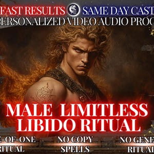 Puede incluir: Ilustración digital de un hombre musculoso con cabello rubio rizado y una expresión seria. La imagen incluye el texto "MALE LIMITLESS LIBIDO RITUAL" y otras frases como "FAST RESULTS" y "ONE-OF-ONE RITUAL". El fondo es oscuro con elementos de fuego.