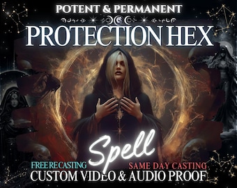 May include: A digital illustration of a woman in a black hooded robe with a glowing orb behind her. The text "POTENT & PERMANENT PROTECTION HEX Spell FREE RECASTING SAME DAY CASTING CUSTOM VIDEO & AUDIO PROOF" is at the top and bottom of the image.