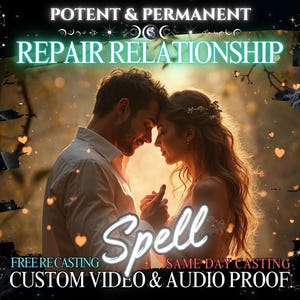 Puede incluir: Una pareja abrazándose con un texto brillante "Spell" superpuesto. La imagen presenta un fondo estrellado con corazones y símbolos celestiales. El texto "Potent & Permanent Repair Relationship" está en la parte superior, y "Free Recasting, Same Day Casting, Custom Video & Audio Proof" está en la parte inferior.