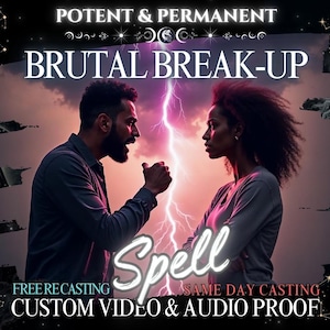 Puede incluir: Una ilustración digital de una pareja discutiendo con un rayo entre ellos. El texto "POTENT & PERMANENT" y "BRUTAL BREAK-UP" está en la parte superior de la imagen. El texto "Spell" está en el centro de la imagen. El texto "FREE RECASTING" y "SAME DAY CASTING" está en la parte inferior de la imagen. El texto "CUSTOM VIDEO & AUDIO PROOF" está en la parte inferior de la imagen.