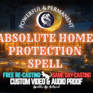 Könnte beinhalten: Eine digitale Illustration eines von Flammen verschlungenen Hauses mit dem Text "POWERFUL & PERMANENT ABSOLUTE HOME PROTECTION SPELL FREE RE-CASTING SAME DAY CASTING CUSTOM VIDEO & AUDIO PROOF Spells By Astral" überlagert.