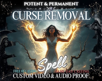 May include: A woman with long dark hair raises her hands in a magical pose, surrounded by yellow lightning. The text "POTENT & PERMANENT CURSE REMOVAL Spell FREE RECASTING SAME DAY CASTING CUSTOM VIDEO & AUDIO PROOF" is displayed on the image.
