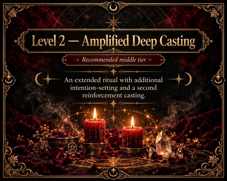 以下が含まれることがあります： Level 2 - Amplified Deep Casting、Recommended middle tier、An extended ritual with additional intention-setting and a second reinforcement castingというテキストが書かれた画像。装飾された台座の上で燃える2本の赤いキャンドル、散らばった赤い花びら、五芒星のチャームが付いた金属製のボウル、透明なクリスタルが配置されている。