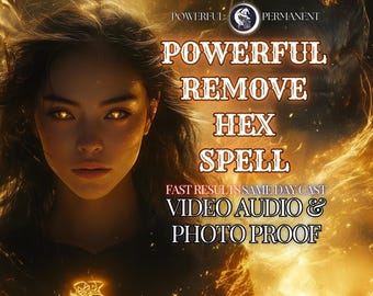 May include: A woman with glowing eyes and long dark hair is surrounded by fire. The text reads "Powerful Remove Hex Spell Fast Results Same Day Cast Video Audio & Photo Proof".