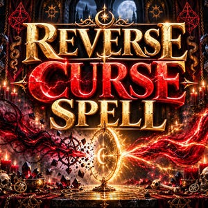May include: A digital graphic featuring the text REVERSE CURSE SPELL in large gold and red lettering. The scene includes a glowing circular portal, red energy swirls, dark stone pillars, lit red candles, and skulls on a dark surface.