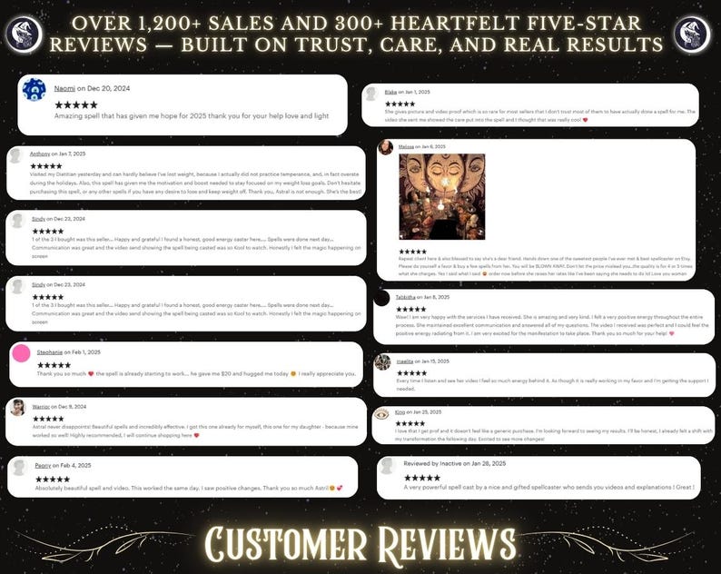 May include: A collage of customer reviews for a product, with five-star ratings and positive comments. The text reads "Over 1,200+ Sales and 300+ Heartfelt Five-Star Reviews - Built on Trust, Care, and Real Results."