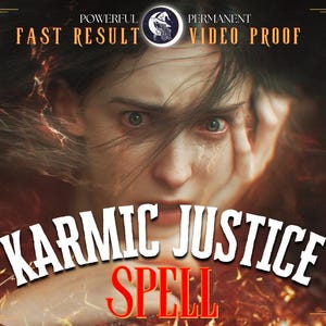 Puede incluir: Imagen con el texto "Karmic Justice Spell" en negrita, blanco, con una superposición roja de "Spell". La imagen presenta a una persona con una expresión angustiada, con las palabras "Powerful Fast Result" y "Permanent Video Proof" en la parte superior.