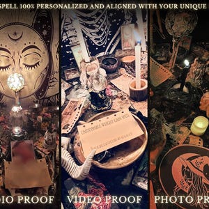 May include: A close-up of a table with various items, including candles, a crystal ball, a tarot card, and a piece of paper with the text "UNSTOPPABLE WEIGHT GAIN SPELL". The table is covered in a black cloth with a moon and stars design. The image is labeled "AUDIO PROOF", "VIDEO PROOF", and "PHOTO PROOF".