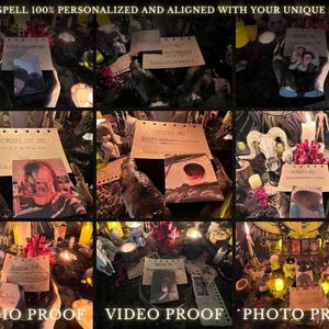 May include: A close-up of a table with various items, including candles, crystals, and handwritten notes. The notes are titled "Powerful Lust Spell" and "Confidence Spell". The table is decorated with a skull and other occult-themed items. The text "AUDIO PROOF VIDEO PROOF PHOTO PROOF" is at the bottom of the image.
