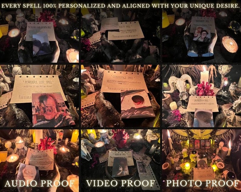May include: A close-up of a table with various items, including candles, crystals, and handwritten notes. The notes are titled "Powerful Lust Spell" and "Confidence Spell". The table is decorated with a skull and other occult-themed items. The text "AUDIO PROOF VIDEO PROOF PHOTO PROOF" is at the bottom of the image.