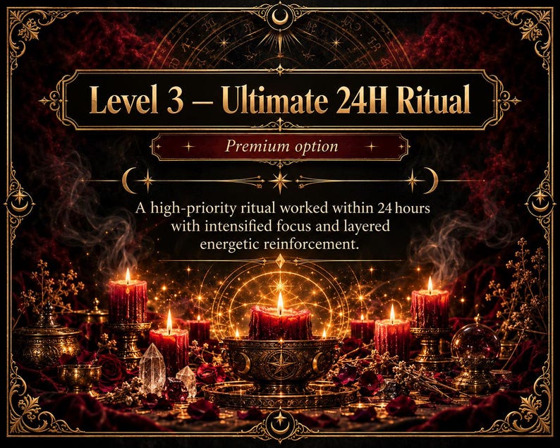 以下が含まれることがあります： Level 3 &ndash; Ultimate 24H RitualおよびPremium optionというテキストが記された暗く装飾的な画像。中央の金属製のボウルの中で赤いキャンドルが燃えており、その周囲には小さな赤いキャンドル、クリスタル、散らばった赤いバラの花びらが配置されている。