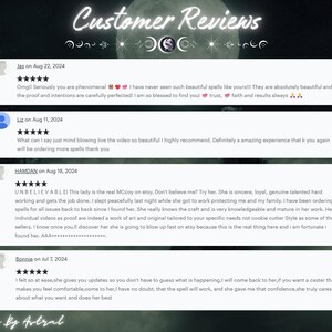 May include: A screenshot of customer reviews for a spell casting service. The reviews are positive and highlight the caster's talent, sincerity, and effectiveness. The reviews are displayed on a dark background with a white border.
