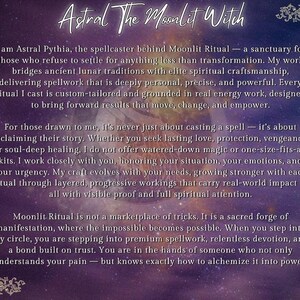 May include: A purple and black background with white text that reads "Astral The Moonlit Witch". The text describes the services of a spellcaster who offers custom-tailored rituals to help people reclaim their story, find love, protection, or healing.