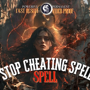 May include: A digital illustration featuring a person with dark hair surrounded by glowing orange energy, skulls, and black roses. The text reads POWERFUL FAST RESULT, PERMANENT VIDEO PROOF, and STOP CHEATING SPELL SPELL in white and red lettering.