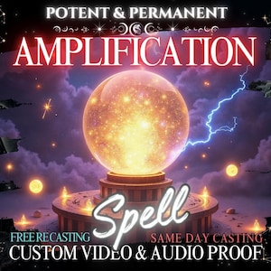 Puede incluir: Un fondo morado y negro con una bola de cristal naranja brillante sobre un soporte dorado. El texto "POTENT & PERMANENT AMPLIFICATION Spell" está en rojo y blanco. El texto "FREE RECASTING SAME DAY CASTING CUSTOM VIDEO & AUDIO PROOF" está en blanco.