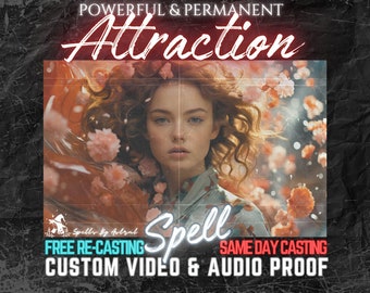 Puede incluir: Un anuncio con el texto "POWERFUL & PERMANENT Attraction Spell". La imagen presenta a una mujer con largo cabello rizado rojo rodeada de flores rosas. Texto adicional incluye "FREE RE-CASTING", "SAME DAY CASTING" y "CUSTOM VIDEO & AUDIO PROOF".