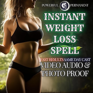 May include: A woman in a black sports bra and black bikini bottoms stands in a forest. The text "POWERFUL PERMANENT INSTANT WEIGHT LOSS SPELL FAST RESULTS SAME DAY CAST VIDEO AUDIO & PHOTO PROOF" is superimposed on the image.