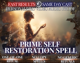May include: An ethereal image featuring a woman with glowing skin, arms outstretched, and a chain around her neck. The text reads "PRIME SELF RESTORATION SPELL" with additional text: "FAST RESULTS", "SAME DAY CAST", and "ONE-OF-ONE RITUAL".