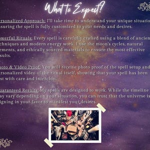May include: A close-up image of a spell casting kit with various items, including candles, crystals, herbs, and other magical tools. The kit is set on a purple background with stars.