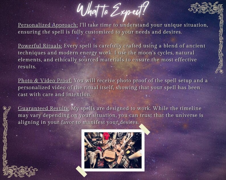 May include: A close-up image of a spell casting kit with various items, including candles, crystals, herbs, and other magical tools. The kit is set on a purple background with stars.