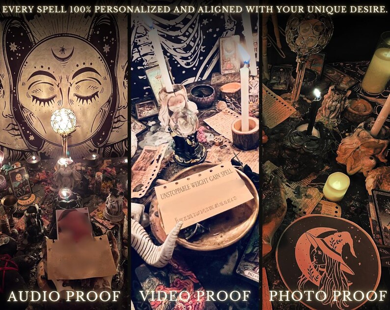 May include: A close-up of a table with various items, including candles, a crystal ball, a tarot card, and a piece of paper with the text "UNSTOPPABLE WEIGHT GAIN SPELL". The table is covered in a black cloth with a moon and stars design. The image is labeled "AUDIO PROOF", "VIDEO PROOF", and "PHOTO PROOF".
