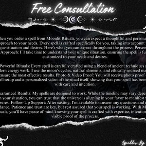 May include: A black and white image with text that reads "Free Consultation" and "Spells By Astral". The text is surrounded by a decorative border of stars and moons. The image also includes a black and white illustration of a cat.