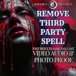 Könnte beinhalten: Digitales Kunstbild einer Frau mit roten Streifen im Gesicht. Der Text lautet "REMOVE THIRD PARTY SPELL" mit zusätzlichen Informationen über schnelle Ergebnisse und Beweise.