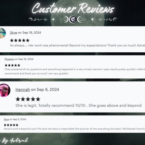 May include: A screenshot of customer reviews for a business called "Spells By Astral". The reviews are positive and highlight the quality of the work and the responsiveness of the service provider.