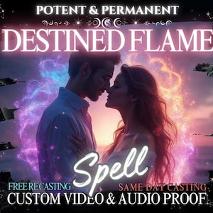 May include: A digital illustration of a couple embracing with a pink and blue glow around them. The text "POTENT & PERMANENT DESTINED FLAME Spell FREE RECASTING SAME DAY CASTING CUSTOM VIDEO & AUDIO PROOF" is displayed on the image.