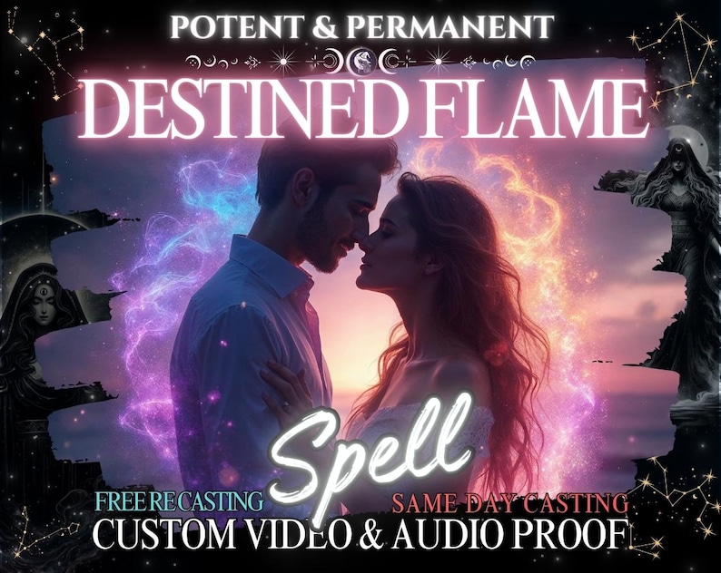 May include: A digital illustration of a couple embracing with a pink and blue glow around them. The text "POTENT & PERMANENT DESTINED FLAME Spell FREE RECASTING SAME DAY CASTING CUSTOM VIDEO & AUDIO PROOF" is displayed on the image.