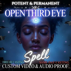 Puede incluir: Una ilustración digital de una persona con los ojos cerrados, un tercer ojo brillante, y el texto "POTENT & PERMANENT OPEN THIRD EYE Spell FREE RECASTING SAME DAY CASTING CUSTOM VIDEO & AUDIO PROOF".