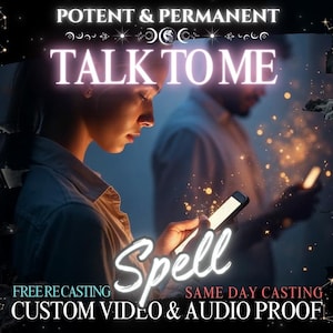 Puede incluir: Imagen con el texto "TALK TO ME" en una fuente brillante, con la palabra "Spell" en cursiva. La imagen presenta a dos personas sosteniendo teléfonos inteligentes, con un fondo oscuro y acentos celestiales. El texto adicional incluye "FREE RECASTING" y "SAME DAY CASTING."