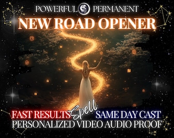 May include: A digital illustration of a woman standing on a glowing path with the words "Powerful Permanent New Road Opener Spell Fast Results Same Day Cast Personalized Video Audio Proof" in the foreground.