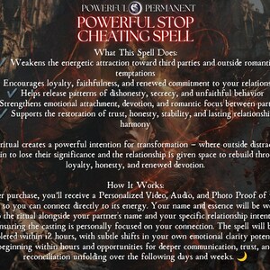 以下が含まれることがあります： 暗いゴシック調の画像に「Powerful Permanent Powerful Stop Cheating Spell」というテキストが書かれたデジタルグラフィック。第三者への魅力を弱め、忠誠心を促すといった利点や、ビデオや音声の証拠を受け取るための詳細が記載されています。