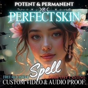 以下が含まれることがあります： 星と花に囲まれた、輝く肌の女性を描いたデジタルイラスト。画像には「POTENT & PERMANENT PERFECT SKIN Spell FREE RECASTING SAME DAY CASTING CUSTOM VIDEO & AUDIO PROOF」というテキストが表示されています。
